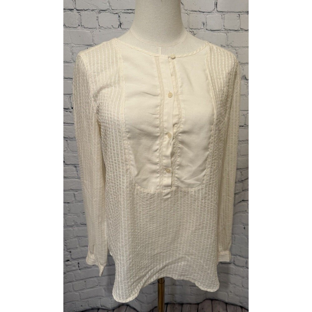 Ann Taylor LOFT cream textured crinkle-knit tunic long sleeve blouse Rayon Small
